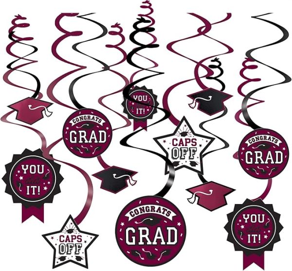 12 Piece Swirl Decorations. Burgundy, White, Black- You Did It, Congrats Grad, Caps Off, Grad Cap Shapes.