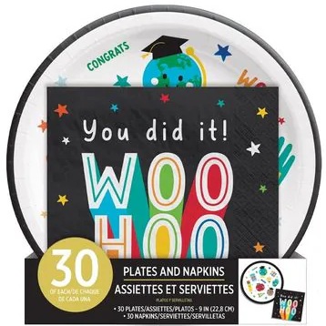 Value Package-30 Count Lunch Napkin and 30 Count 9 inch Plate. You did it! Woo Hoo printed on Napkin. School Icons on Plate. Preschool/Kindergarden Graduation.