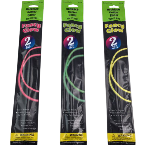 11" Glow Necklaces 2 Pieces per Package. Please State Which Color You Want. Pink, Green, Yellow.