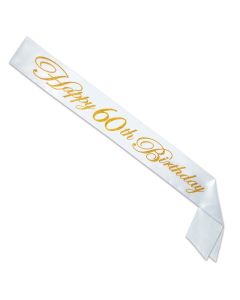 White with Gold Glitter Satin Sash. Happy 60th Birthday.
