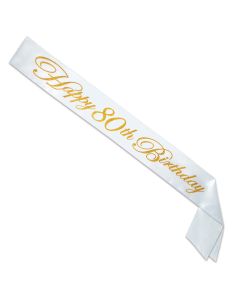 White with Gold Glitter Satin Sash. Happy 80th Birthday.