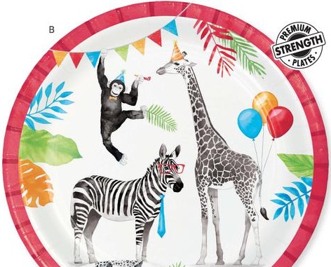 9" Paper Plate Party Animals. 8 Count Package.