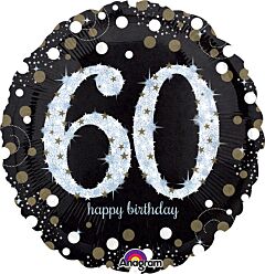 18" Sparkling Birthday "60" Happy Birthday. Black, Gold, Silver.