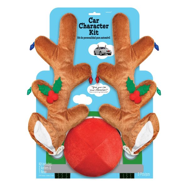 Reindeer Car Kit. 2 Plush Antlers-16", 1 Plush Nose-8"