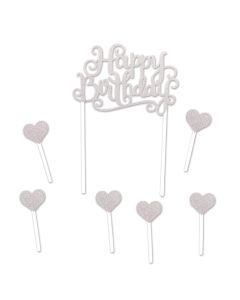 Silver Glitter Happy Birthday Cake Topper with 6 Heart Picks. Hearts are Approximately 1 1/4" x 3 1/4" and Happy Birthday Topper is 5 1/2" x 8"