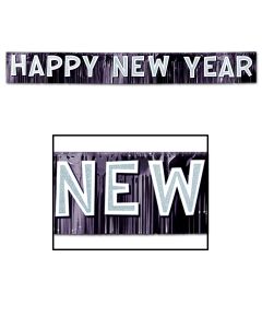Black, White, Silver Fringe Happy New Year Banner. Approximately 10" x 9'6"