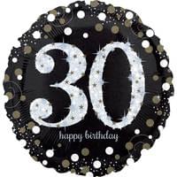 28" Sparkling Birthday "30" Happy Birthday. Black, Gold, Silver.