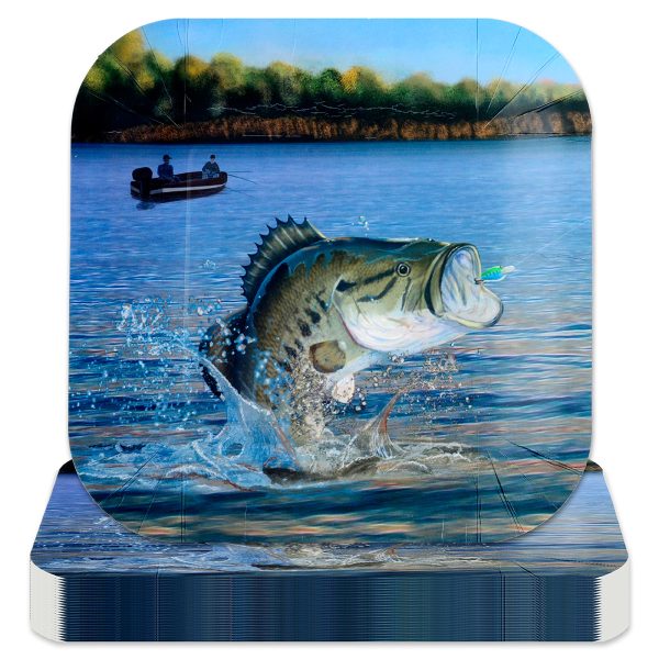 9" Square Paper Plate Gone Fishin' Bass-8 Count Package.
