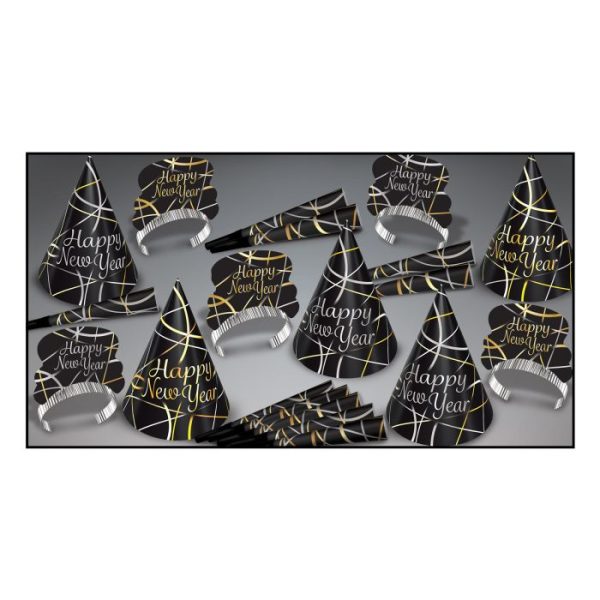 Black, Gold and Silver Ring in the New Year Kit for 10 People. 5 Printed Cone Hats, 5 Printed Tiaras, 10-9" Printed Horns.
