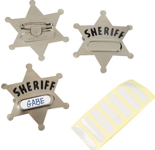 12 Metal Sheriff Badges. Approximately 2 1/4". Each Badge has a Label for Personalizing.
