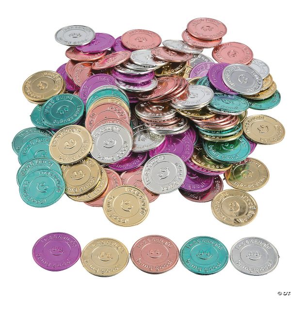 " I Was Caught Being Good" Plastic Coins. Assorted Metallic Colors. 1 1/4". 144 Count Package.