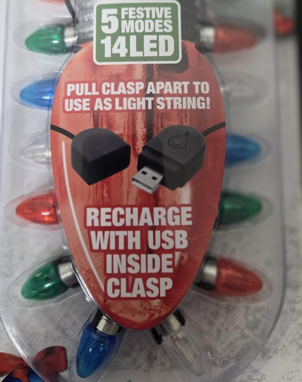 Rechargeable Flashing necklace and Light String. 5 Festive Modes-14 LED Bulbs. Approximately 26".Wear-Hang-Decorate.