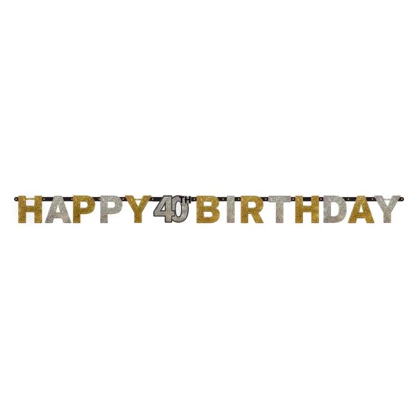 7' Letter Banner Happy 40th Birthday Sparkling Celebration. Black, Gold, and Silver.