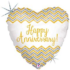 18" Happy Anniversary Gold and Silver Chevrons-Heart Shape