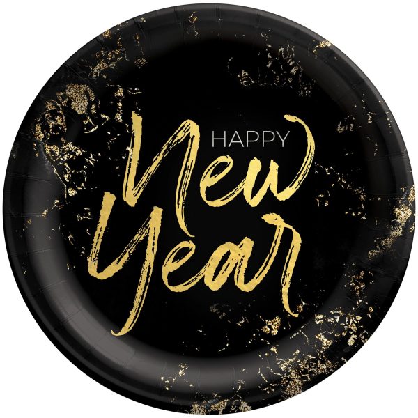 10" Paper Plate Happy New Year. Black and Gold. 8 Count Package.