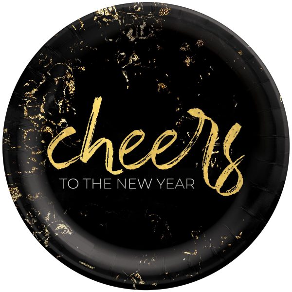 7" Paper Plate Cheers to the New Year. Black and Gold. 8 Count Package.