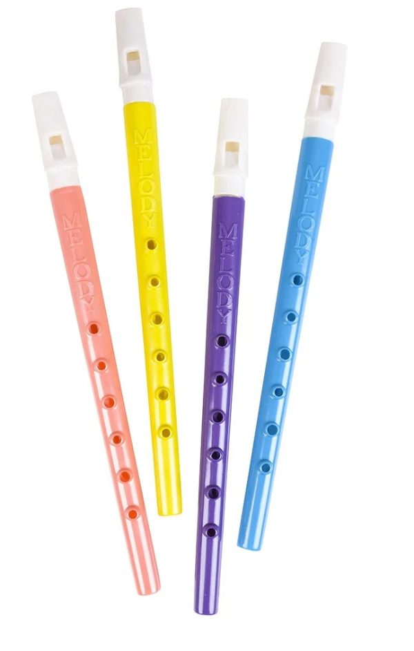 11" Plastic Flute. Plays Actual Notes. Assorted Colors. 12 Count Package.