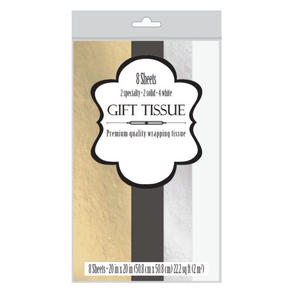 (1)Silver,(1) Gold, (2)Black, and(4) White Tissue Paper. 8 Count Package.