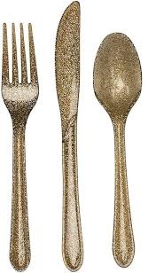 Cutlery Set Glittering Gold-24 Count Package. 8 Knives, 8 Forks, 8 Spoons.