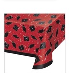 Plastic Table Cover All Over Print Red with Black Grad Caps-54" X 102"