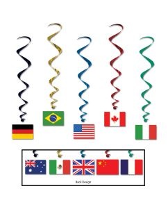 International Flags Whirls, 5 Hanging Decorations with a Different Country Flag On Each Side.
