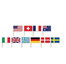 International Flag Picks- 10 Countries: USA, UK, France, Greece, Germany, Switzerland, Sweden,Denmark, Australia, and Italy. 2.5" Tall-50 Count Package.