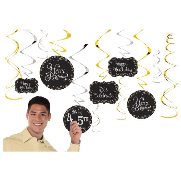 Sparkling Celebration Add-Any-Age Swirl Decorations- 6 Swirls, 3 Swirls w/Paper Cutouts 7", 3 Swirls w/Paper Cutouts 5".