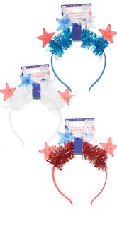 Light Up Star Headband w/ Tinsel. 3 Assorted Colors. Please Specify Blue, White or Red. This is a Non Returnable Item.